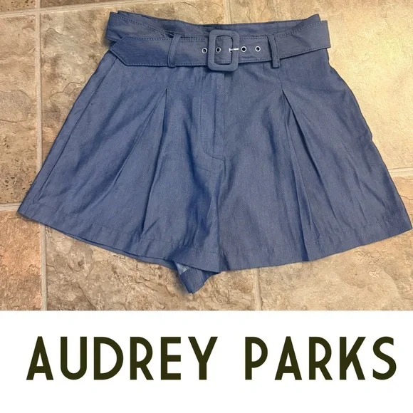 NEW NWT Audrey Parks Blue Pleated High-Waisted Belted Shorts – Francesca’s M - Picture 2 of 7